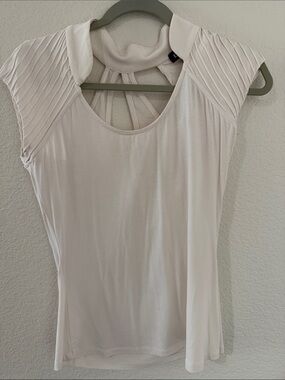 bebe Cream Pleated Shoulder Mock Neck Tank